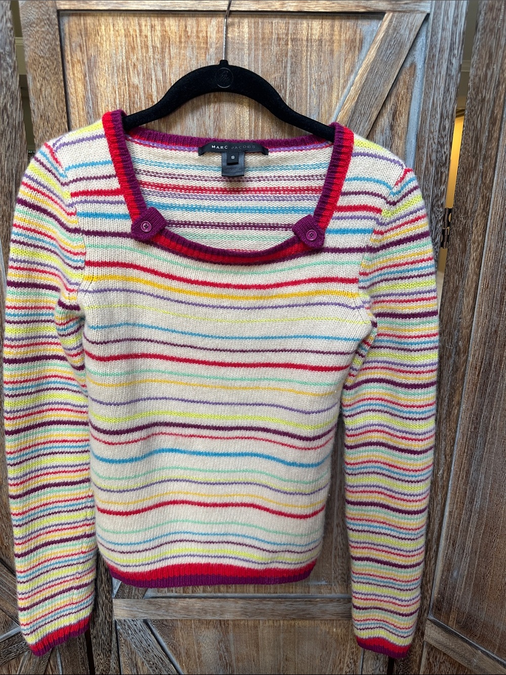Marc Jacobs Cream Multicolor Stripe Crewneck Sweater with Magenta Trim